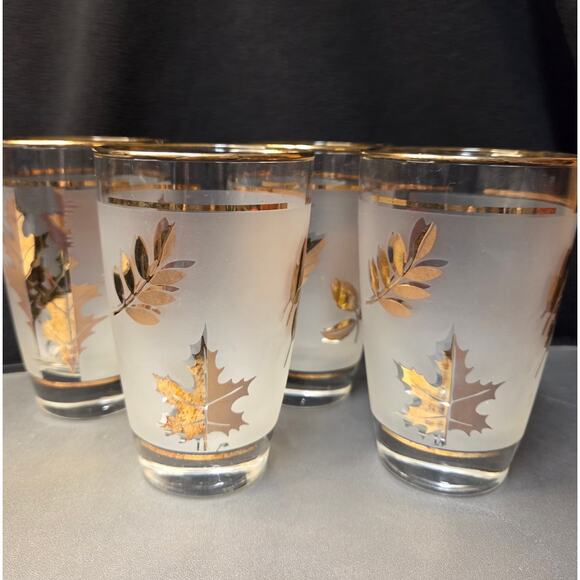 VTG Mid Century Frosted Glasses 4 Gold Autumn Leaf 12oz Highball Tumblers - Picture 1 of 7